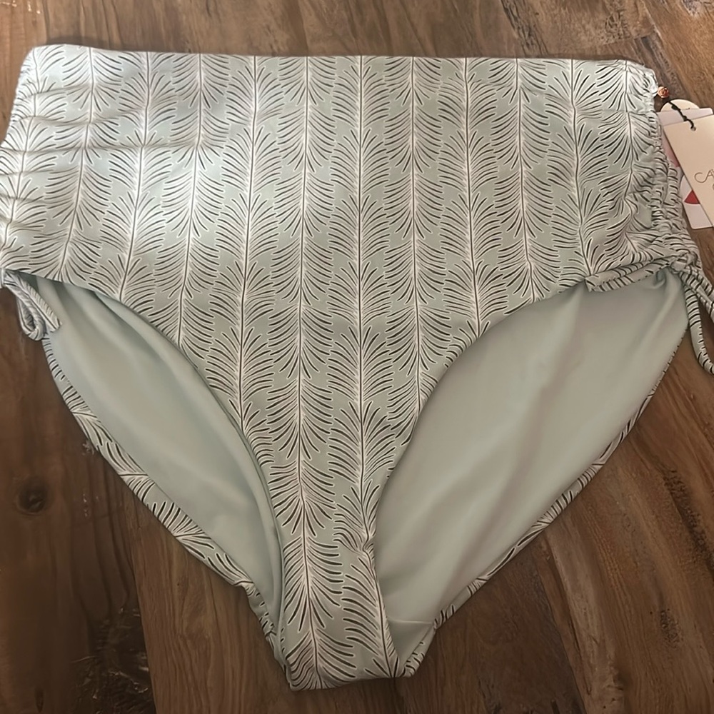 CALIA RUCHED SIDE TIE BIKINI BOTTOM: HIGH RISE: GREEN/BROWN LEAF PRINT: NWT XXL